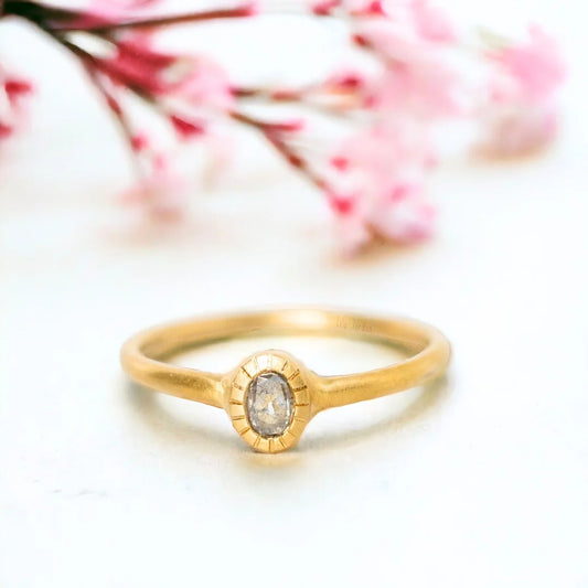 Rose Gold Salt & Pepper Diamond Ring – Textured Bezel, Rose-Cut Gem