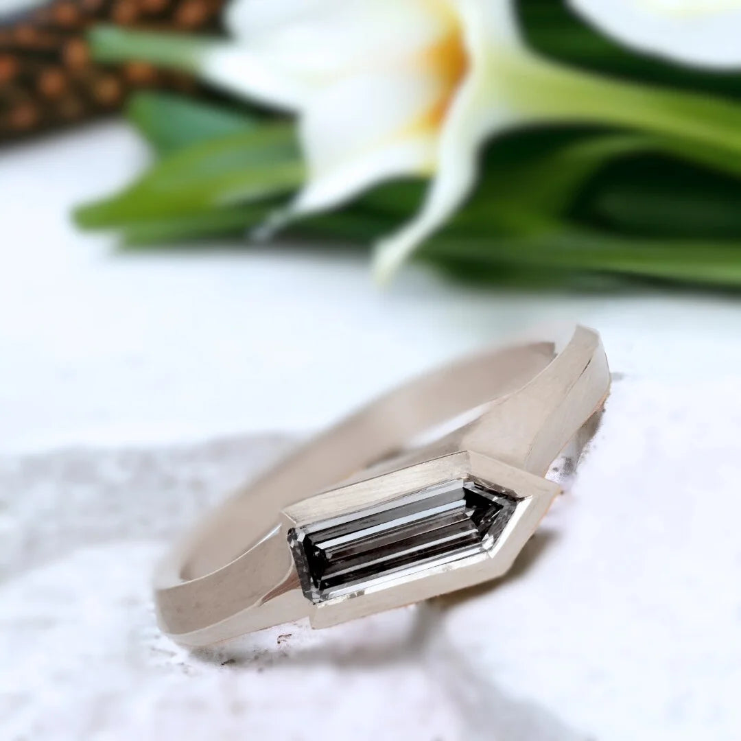 Aegis Carved Grey Diamond Ring Unique Handcrafted Jewelry