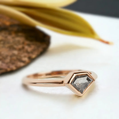 Salt and Pepper Diamond Shield Ring Fortress Flame Design