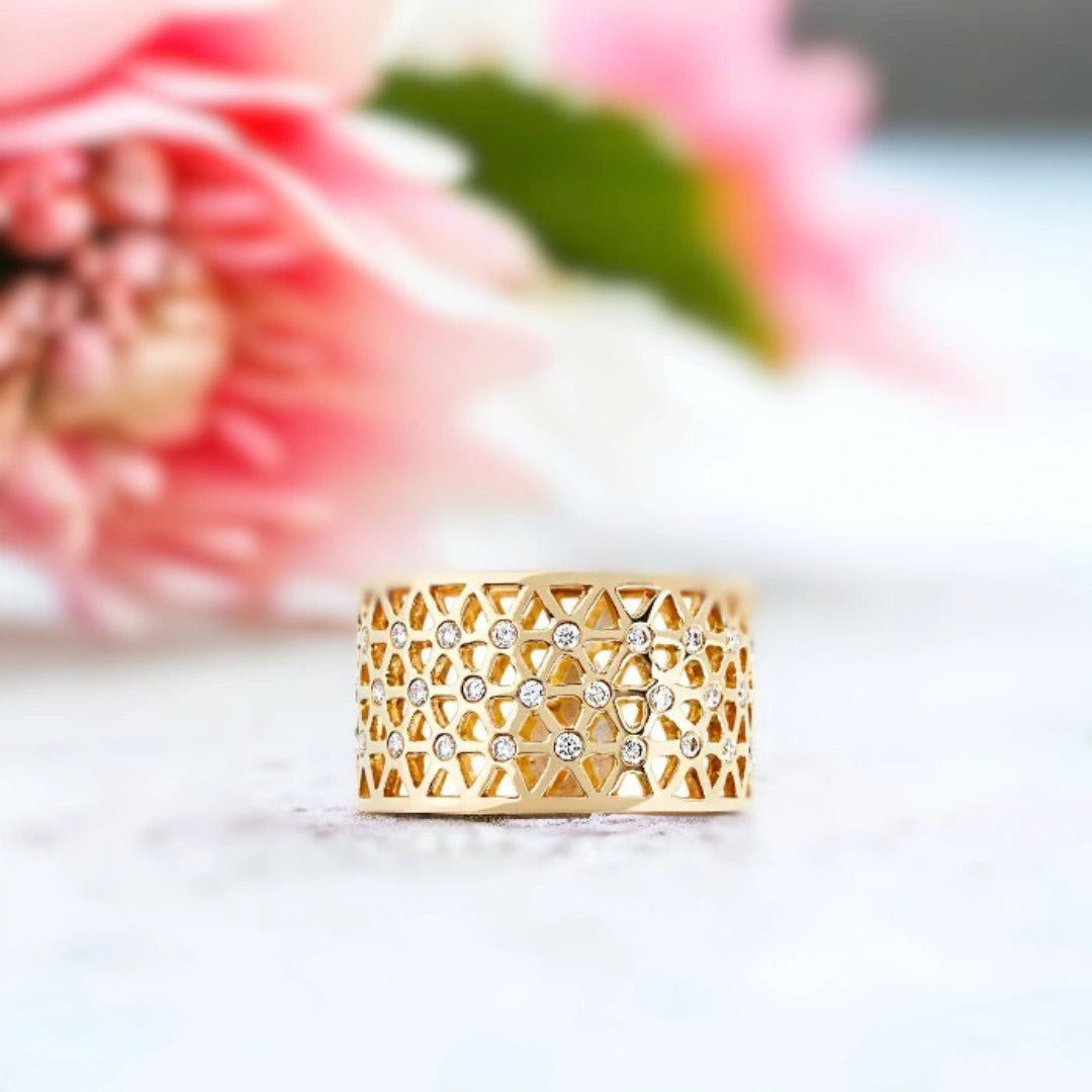 Handcrafted Diamond Band Ring with Pierced Gold Design