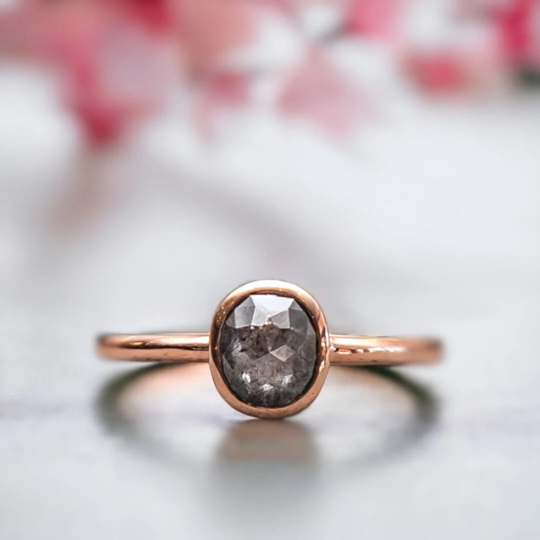 Salt and Pepper Oval Diamond Ring Rose Gold Bezel Solitaire