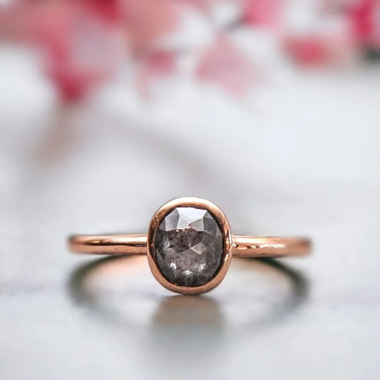 Salt and Pepper Oval Diamond Ring Rose Gold Bezel Solitaire