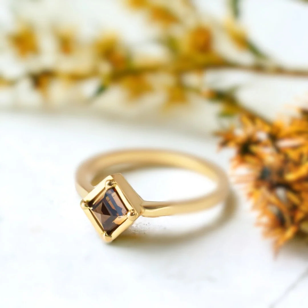 Carre Cut Smoky Quartz Brown Diamond Engagement Ring