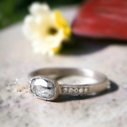 East West Cushion Salt and Pepper Diamond Floating Bezel Ring