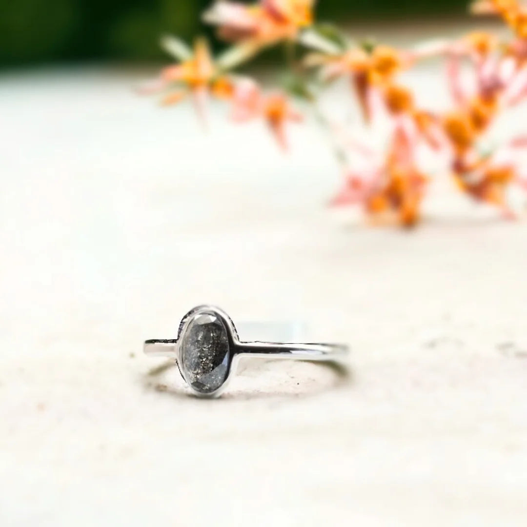 Oval Salt and Pepper Diamond Bezel Ring White Gold