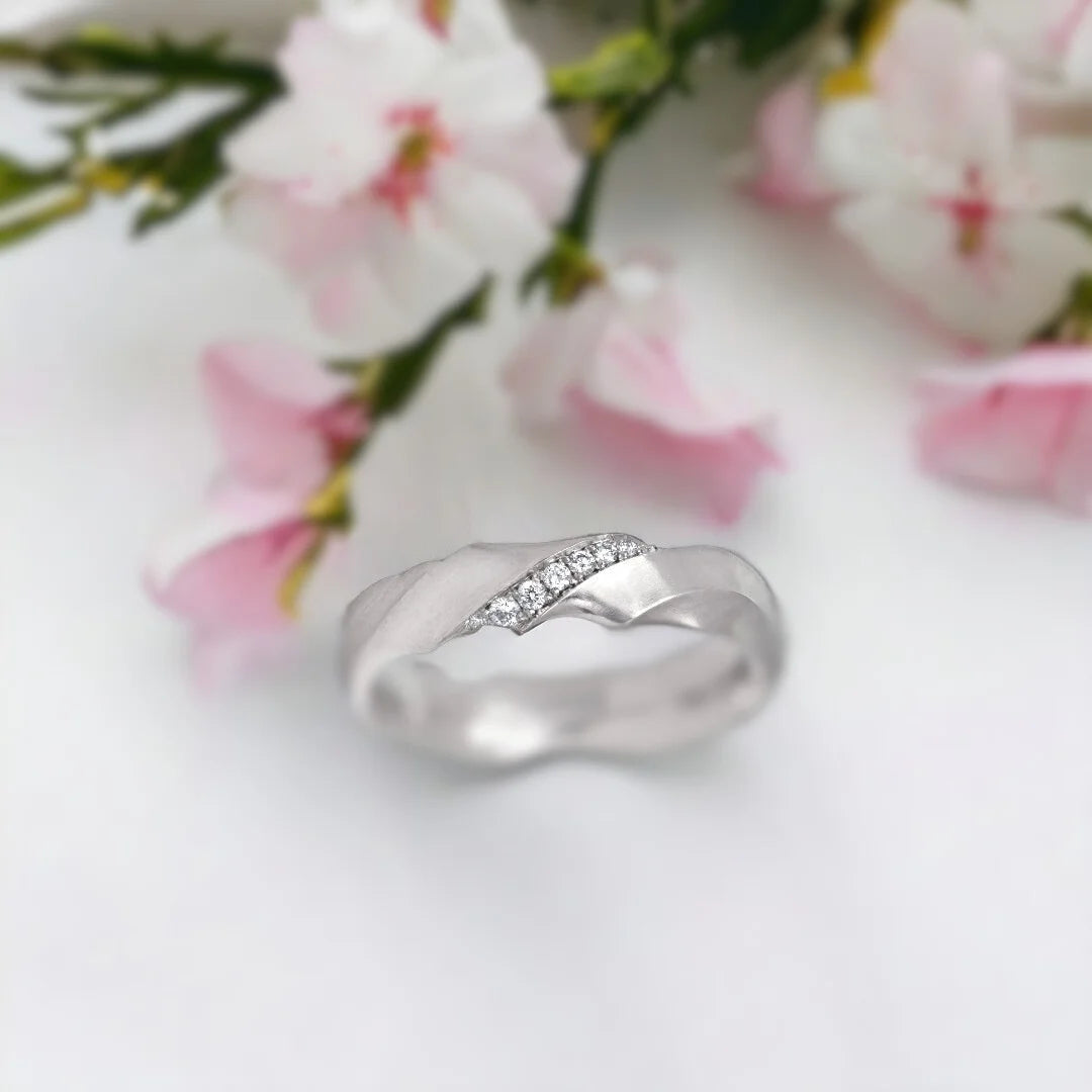 Hand Carved Ripple Diamond Band Matte Finish Ring