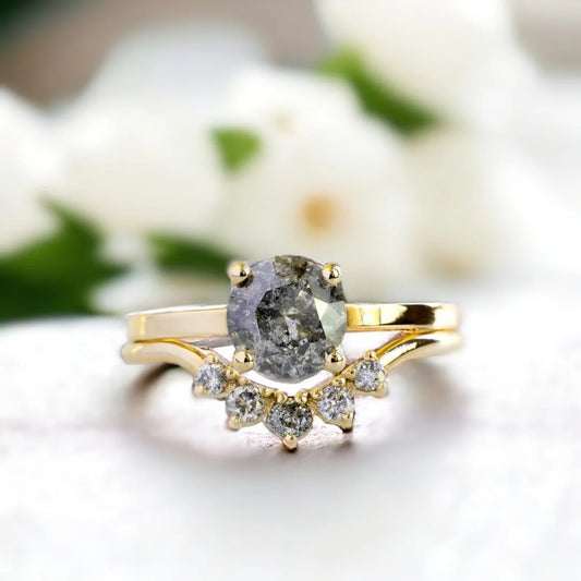 Salt and Pepper Diamond Engagement Ring and Curved Diamond Wedding Band Set in Yellow Gold