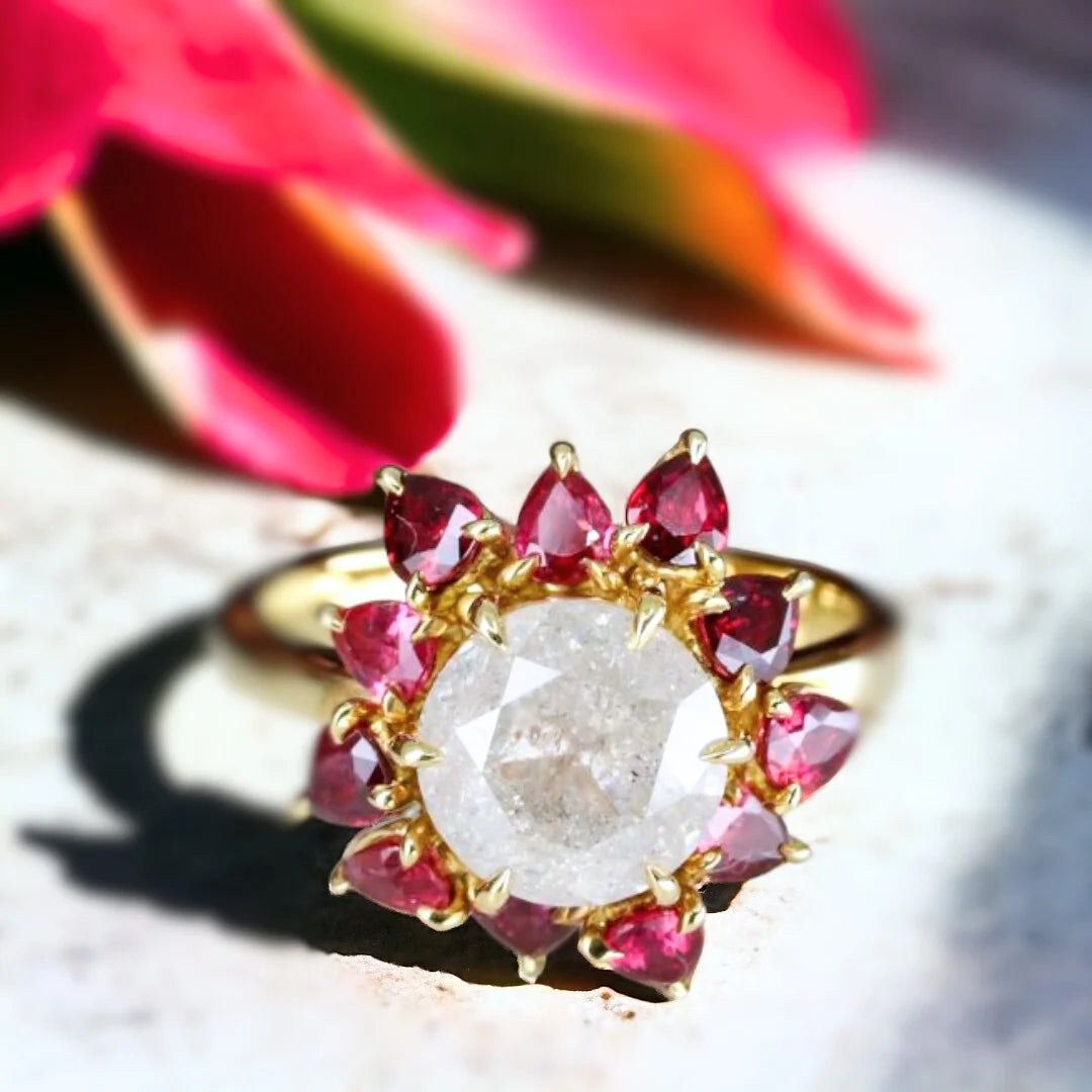 Snowflake Diamond Ruby Sunflower Ring Salt and Pepper Diamond