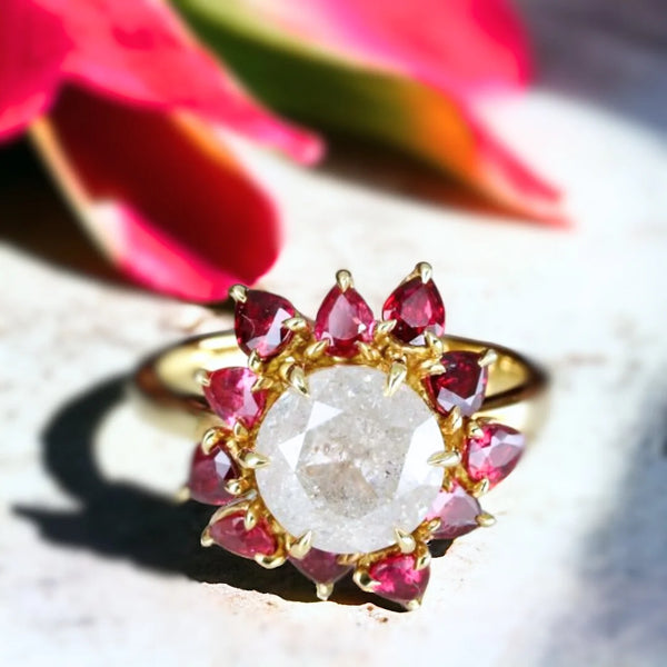 Hydrangea Halo Circle Salt & Pepper Natural Diamond Ring, Blaze Burst Ruby Sunflower And Garnet Rose Ring