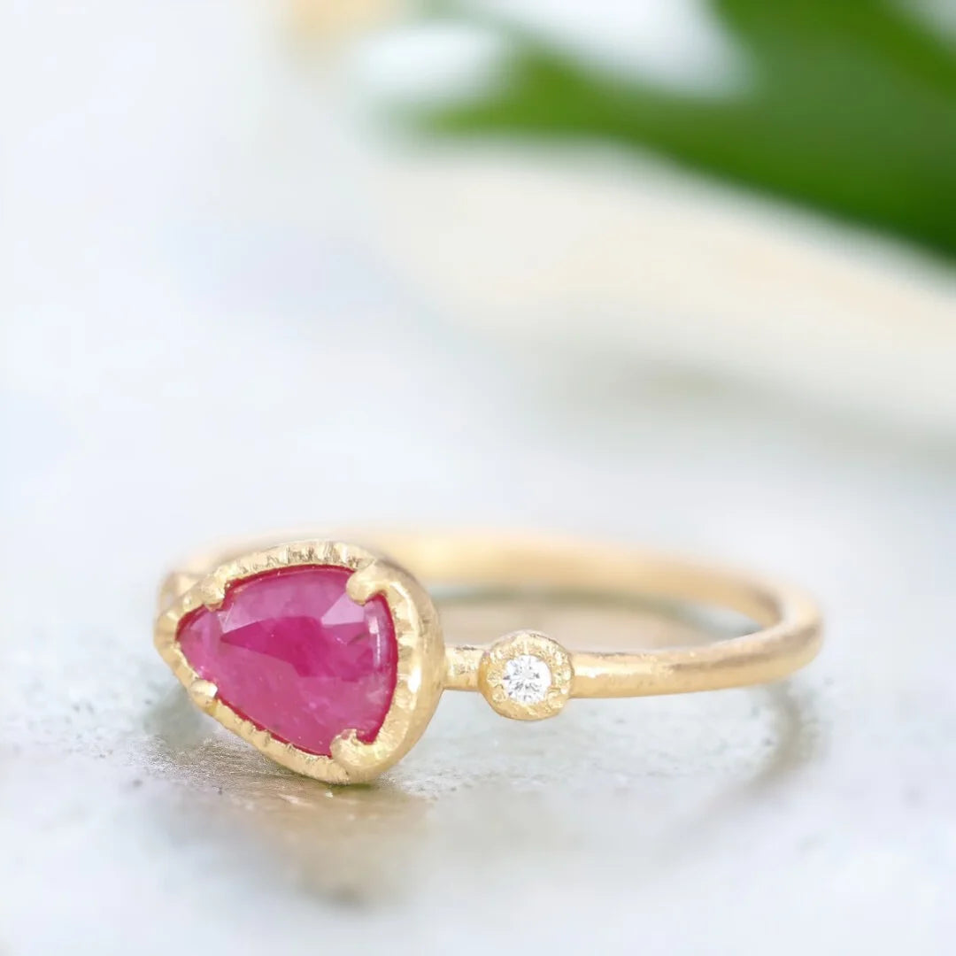Ruby Pear and Diamond Muguet Ring Elegant Handmade Jewelry