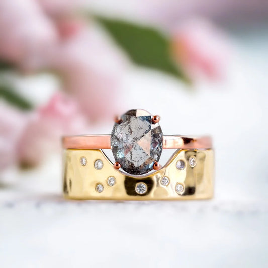 Oval Salt & Pepper Diamond Engagement Ring Set – 14K Rose Gold or Sterling Silver with Accent Diamonds