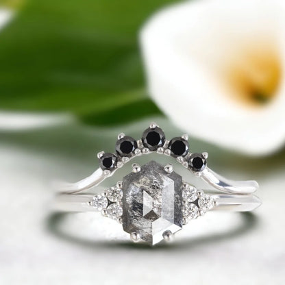 Hexagon Salt and Pepper Diamond Bridal Set White Gold Platinum
