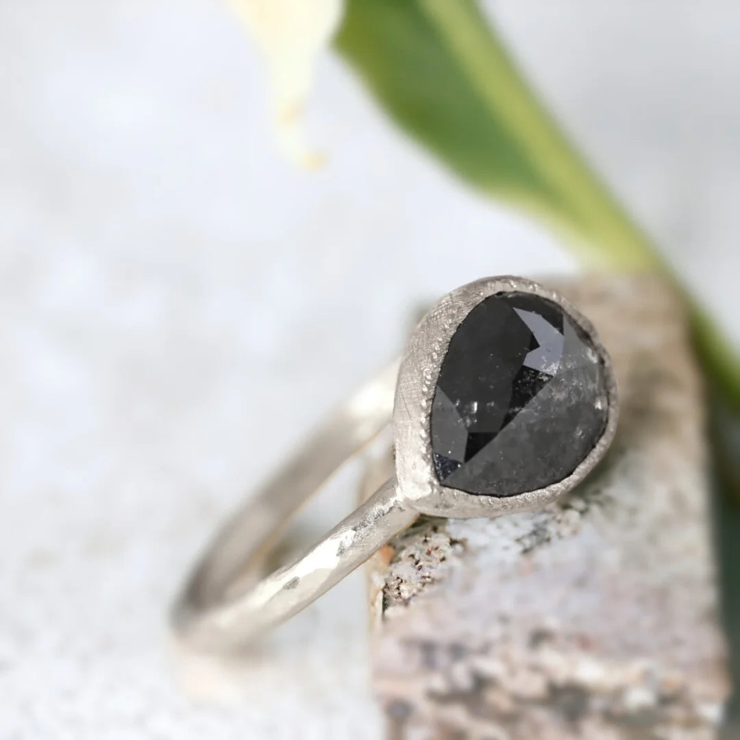 Pear Shaped Salt and Pepper Diamond Ring Bezel Setting Unique Gem