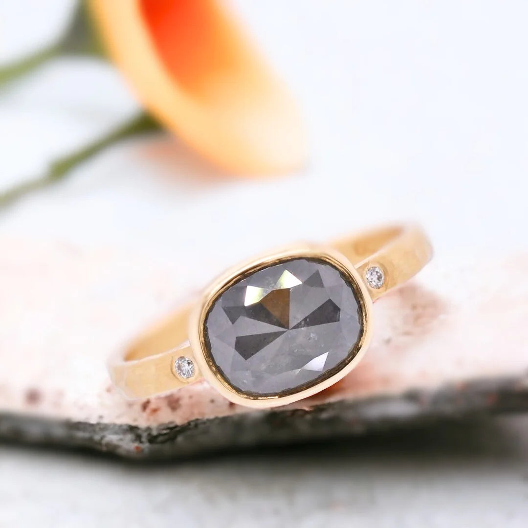 Rectangular Gray Rose Cut Diamond Ring Rose Gold Accent Diamonds