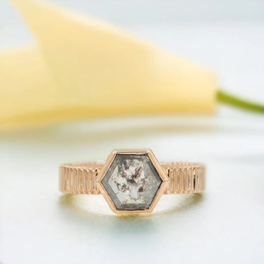 Hexagon Diamond Solitaire Ring | Bezel Set, Wide Ribbed Shank, Custom Jewelry