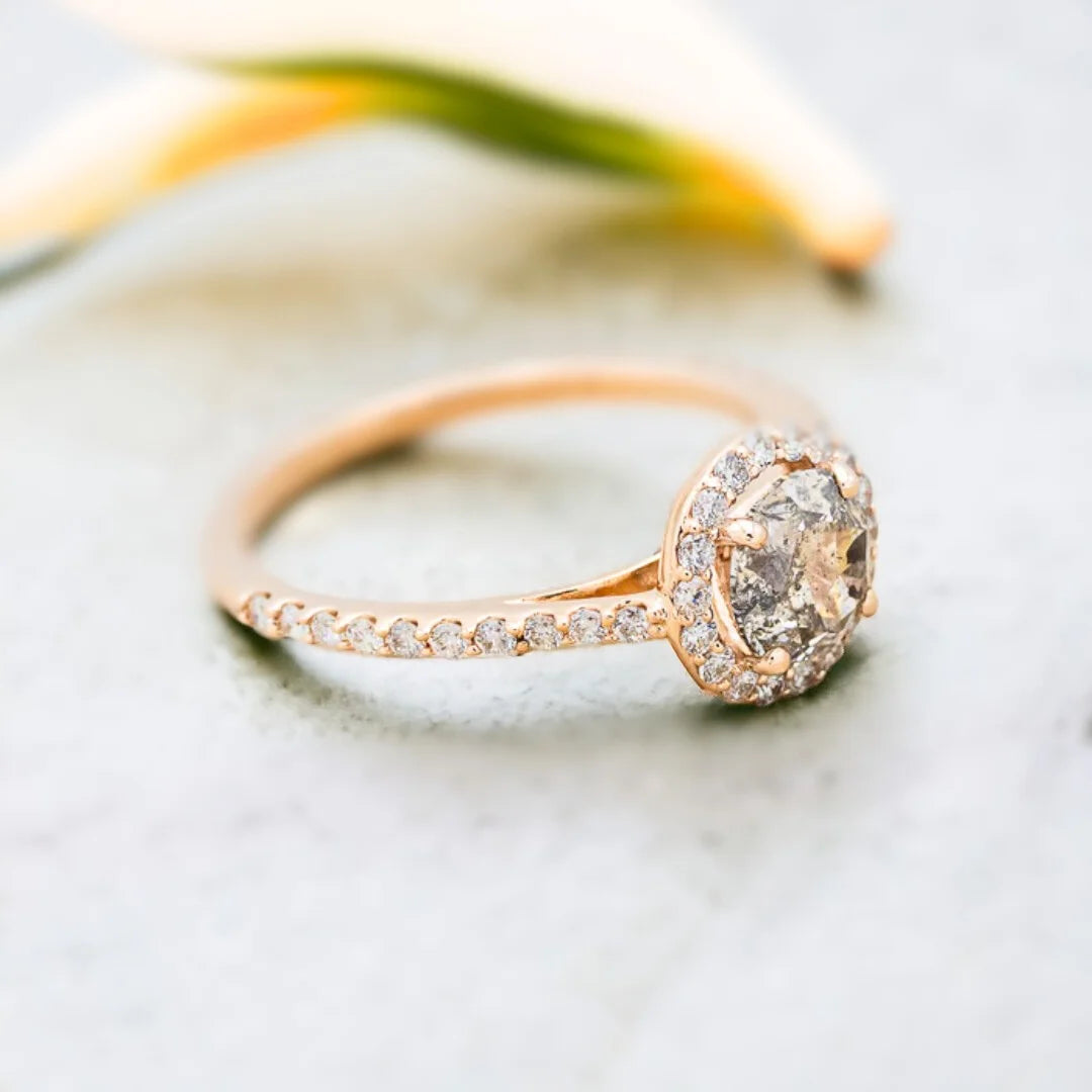 Salt and Pepper Diamond Halo Engagement Ring Round Felice Design