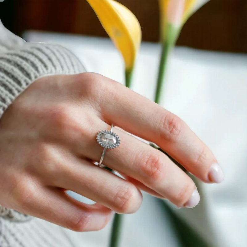 Pale Gray with Speckles Natural Salt And Pepper Diamond, Lunar Glow Milky Diamond Engagement Ring