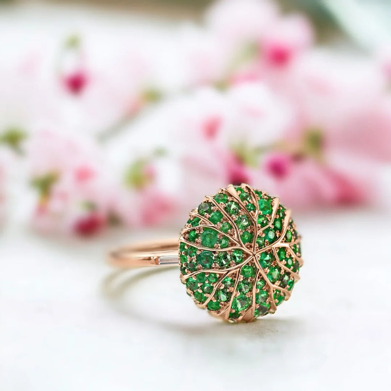 Garden Treasures Emerald Bloom Ring, Green Flower Blossom Engagement Ring