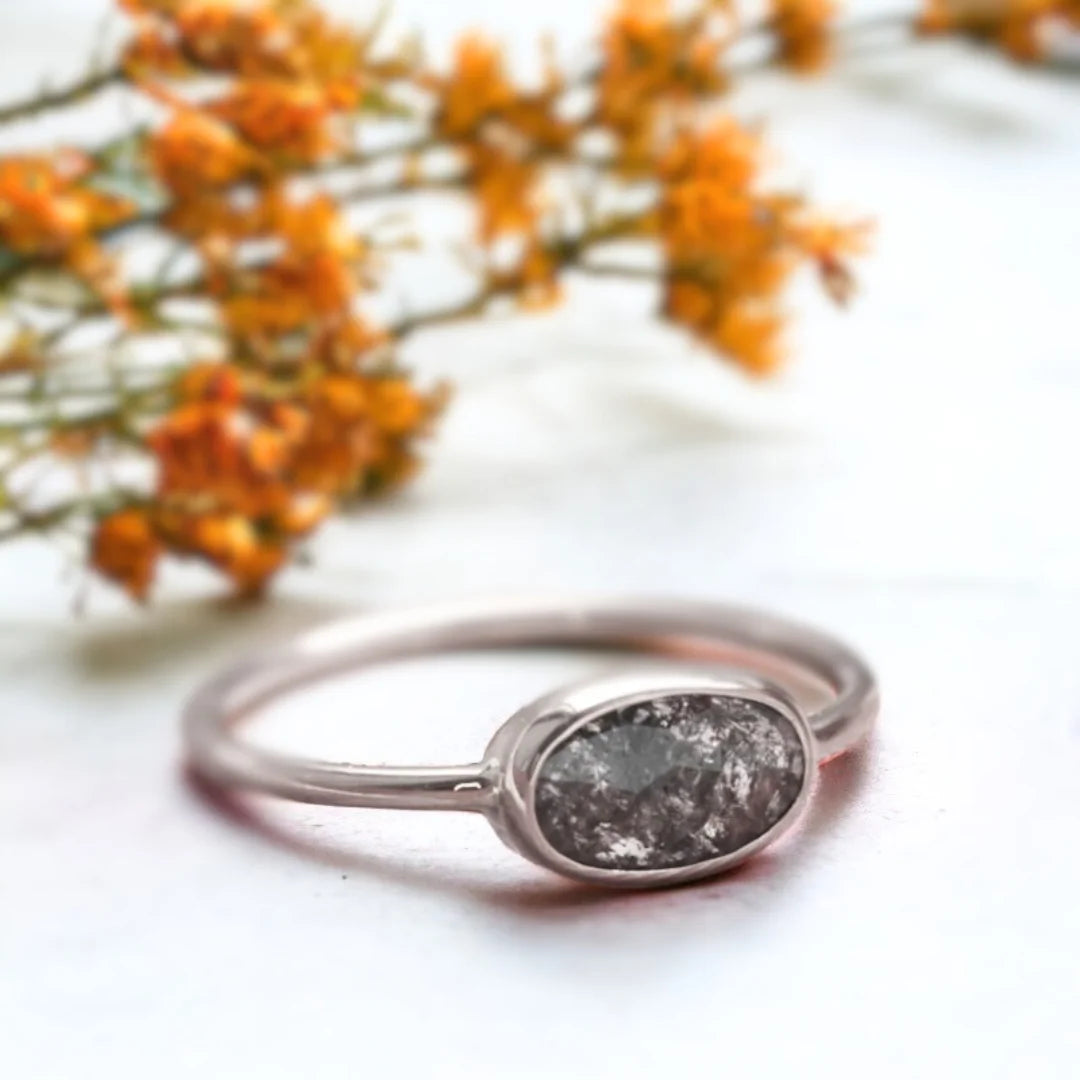 Graceful Bloom Salt and Pepper Rose Oval Diamond Ring