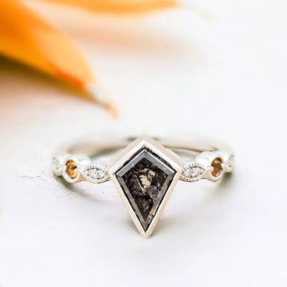Kite Cut Salt and Pepper Diamond Engagement Ring Unique Bridal Ring