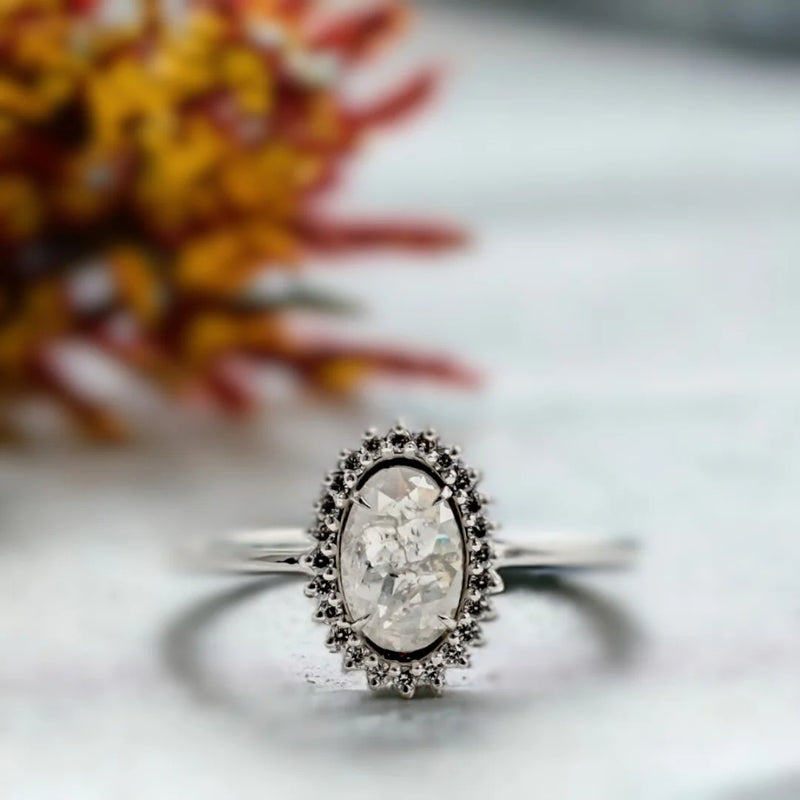 Pale Gray with Speckles Natural Salt And Pepper Diamond, Lunar Glow Milky Diamond Engagement Ring