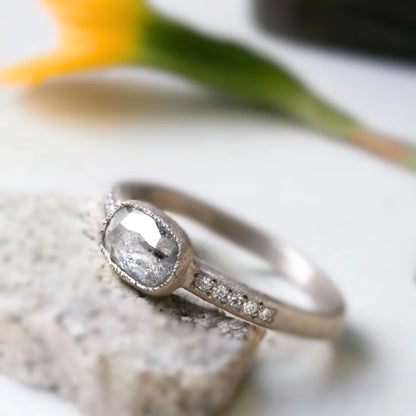 East West Cushion Salt and Pepper Diamond Floating Bezel Ring