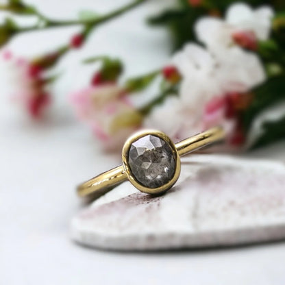 Salt and Pepper Oval Diamond Ring Rose Gold Bezel Solitaire