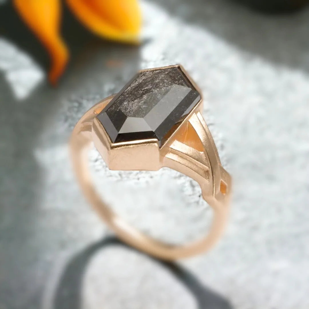 Veritas Rosecut Diamond Ring Hexagon Salt and Pepper Diamond