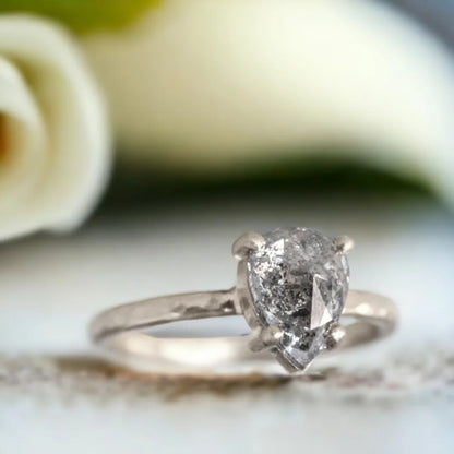 Pear Cut Salt and Pepper Diamond Ring Hammered Band Design