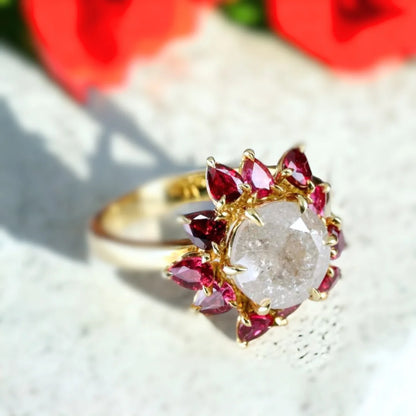 Snowflake Diamond Ruby Sunflower Ring Salt and Pepper Diamond