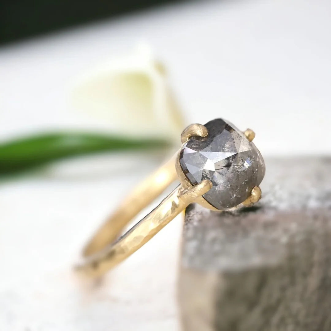 Artisan Salt and Pepper Diamond Ring Hammered Band Bridal Ring