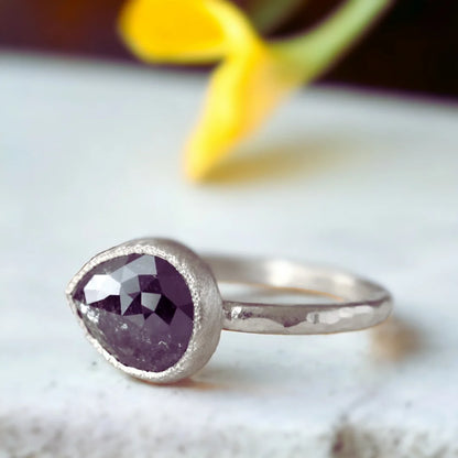 Pear Shaped Salt and Pepper Diamond Ring Bezel Setting Unique Gem