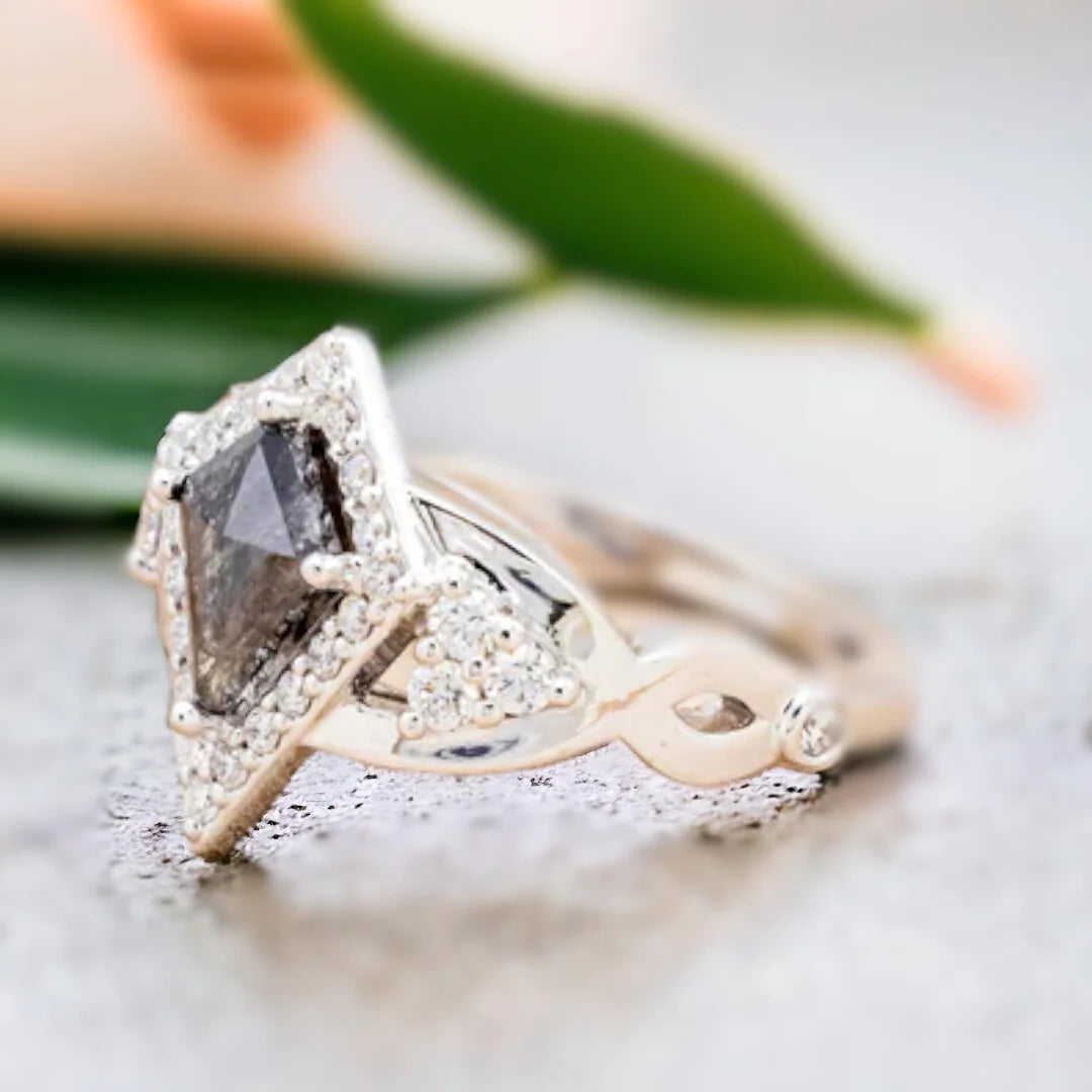 Salt and Pepper Kite Diamond Ring Unique Handmade Design