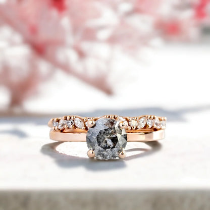 Salt and Pepper Diamond Engagement Ring Curved Wedding Band Set