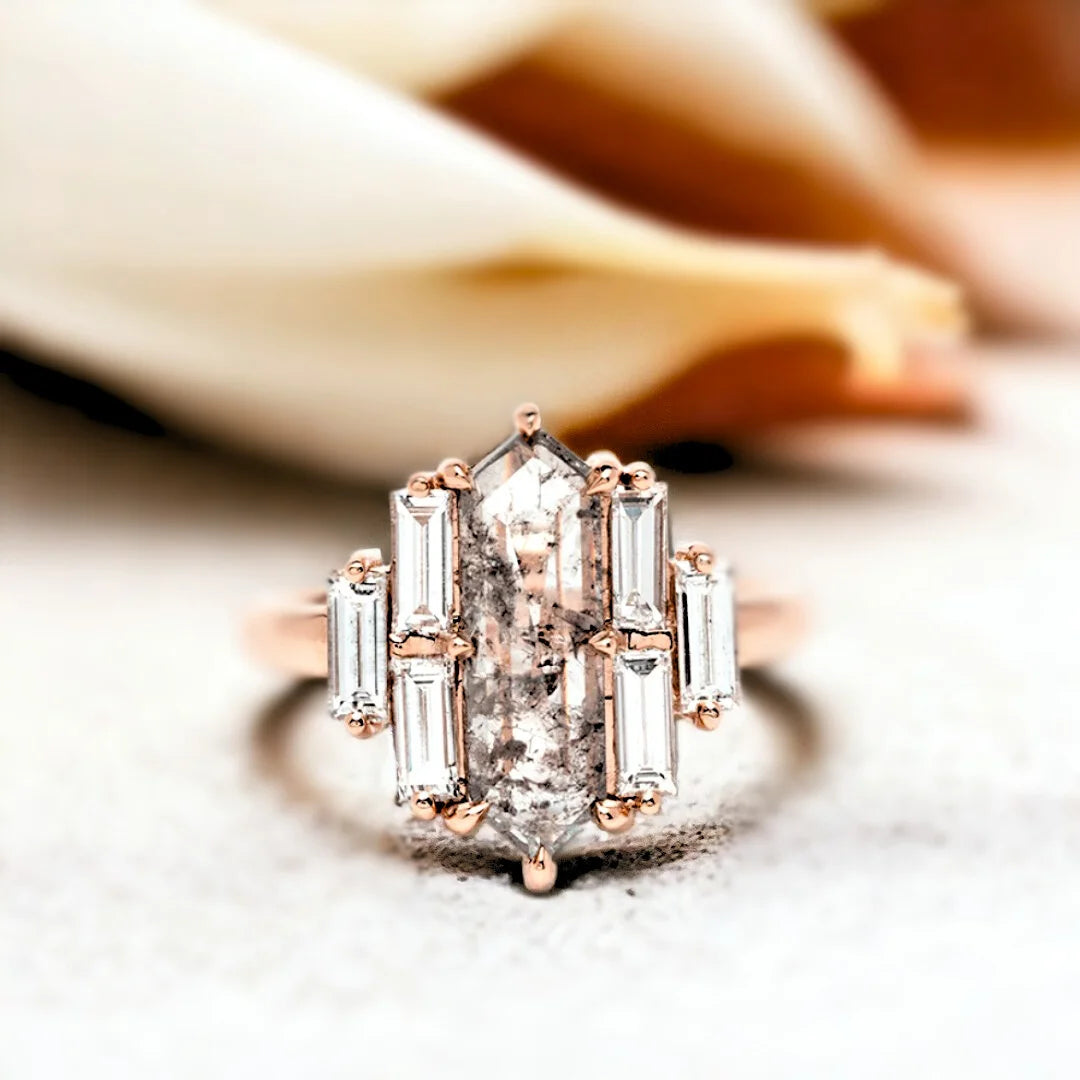 Rose Gold Salt and Pepper Diamond Ring Baguette Side Stones