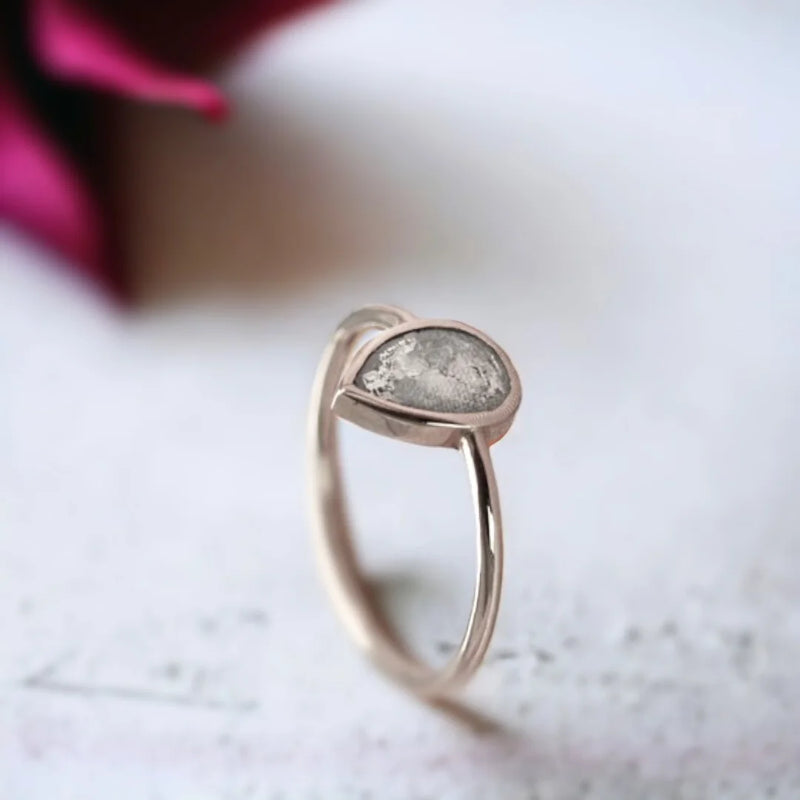 Charm of Antiquity Rose-Cut Pear Diamond Ring, Glistening Dewdrops Natural Salt & Pepper Diamond Ring