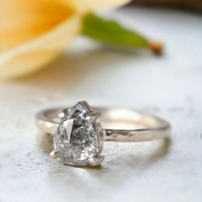 Pear Cut Salt and Pepper Diamond Ring Hammered Band Design