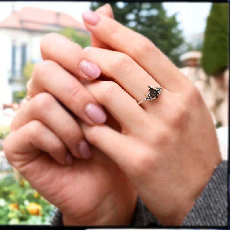 A Symbol of Elevation: Kite-Cut Diamond Engagement Ring, Reach for Forever Salt And Pepper Diamond  Ring