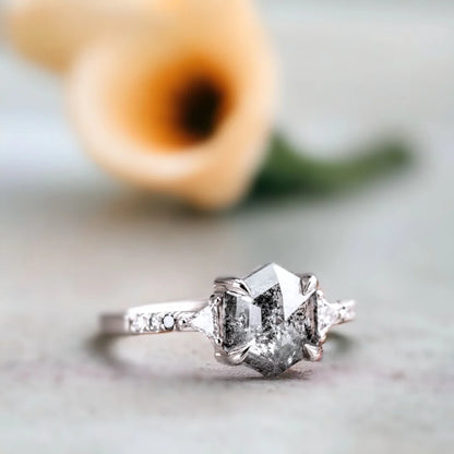 Handcrafted Hexagon Salt and Pepper Diamond Ring Premium Collection