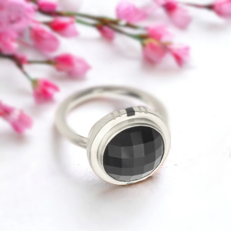 Obsidian Circle Midnight Mystique Black Salt & Pepper Natural Diamond Ring, Onyx Loop Shadow Veil Diamond Ring