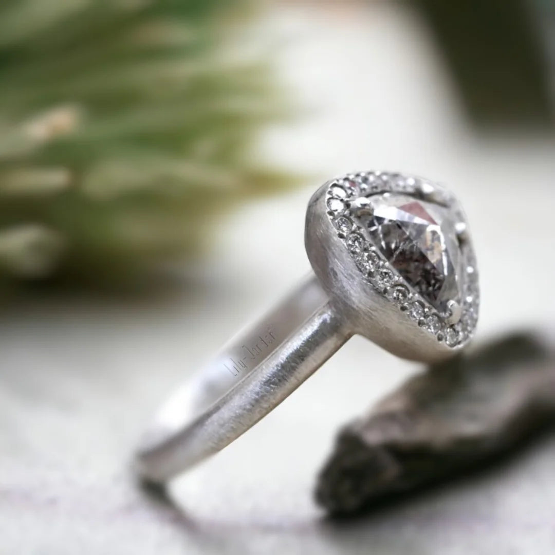 Triangle Cut Salt and Pepper Diamond Halo Ring Exquisite Design