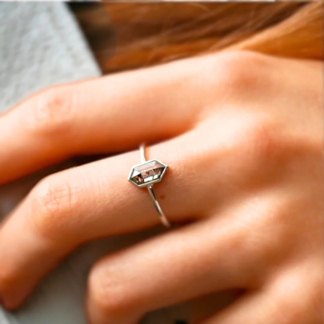 Rose Cut Hexagon Salt and Pepper Diamond Ring Engagement