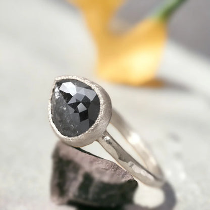 Pear Shaped Salt and Pepper Diamond Ring Bezel Setting Unique Gem