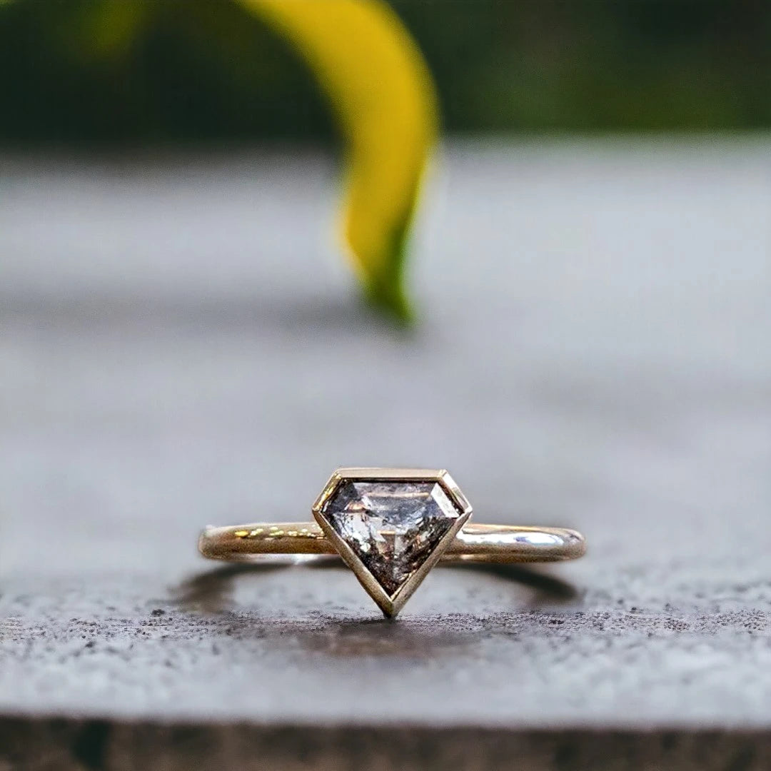 Blazing Buckler Salt and Pepper Diamond Ring Crescent Shield Design