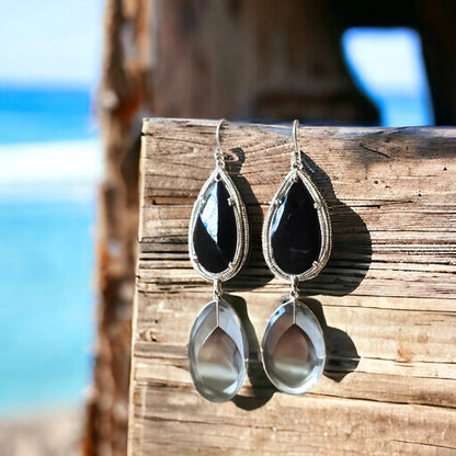 Abyssal Onyx Drop Earrings with Maritime Inspired Style featuring drop style earrings with ocean blue gemstones, sea glass elements and natural inspired pearls in a coastal elegant handcrafted ocean inspired design