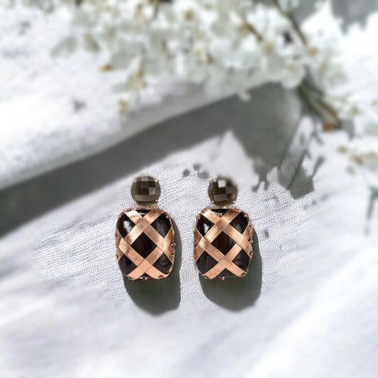 Black Diamond Drop Earrings with Black Onyx Gold Earrings featuring salt-and-pepper diamonds and black onyx gemstones in a gold drop earring design with round and cushion-cut stones and secure screw backs.