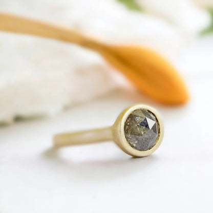 Bohemian Salt and Pepper Diamond Engagement Ring Antique Style featuring a 0.70 CT rose round-cut salt-and-pepper diamond with a straight shank design and a slim 2.30 mm band in a handcrafted bohemian antique style setting.
