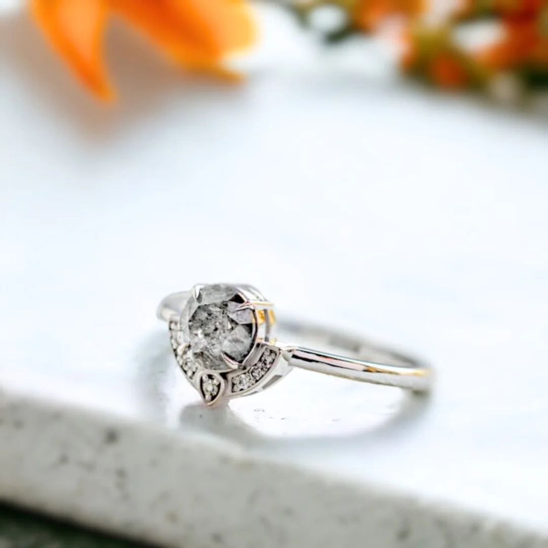 Brighton Salt and Pepper Diamond Engagement Ring Set featuring a brilliant round-cut 1.07 CT salt and pepper diamond centrepiece with grey-toned round side diamonds in a straight shank, minimalist engagement ring design with a slim 1.50 mm handcrafted band.