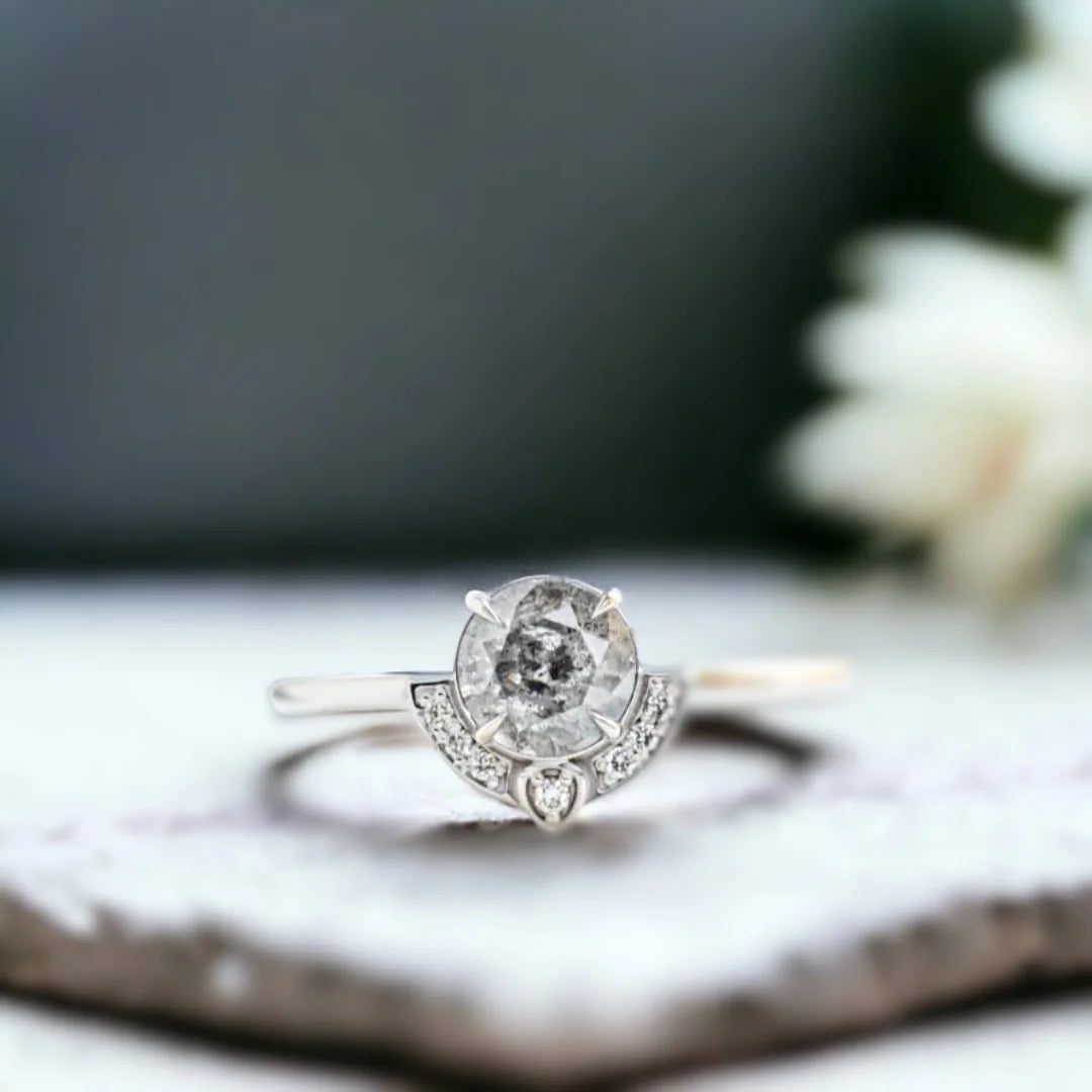 Brighton Salt and Pepper Diamond Engagement Ring Set featuring a brilliant round-cut 1.07 CT salt and pepper diamond centrepiece with grey-toned round side diamonds in a straight shank, minimalist engagement ring design with a slim 1.50 mm handcrafted band.
