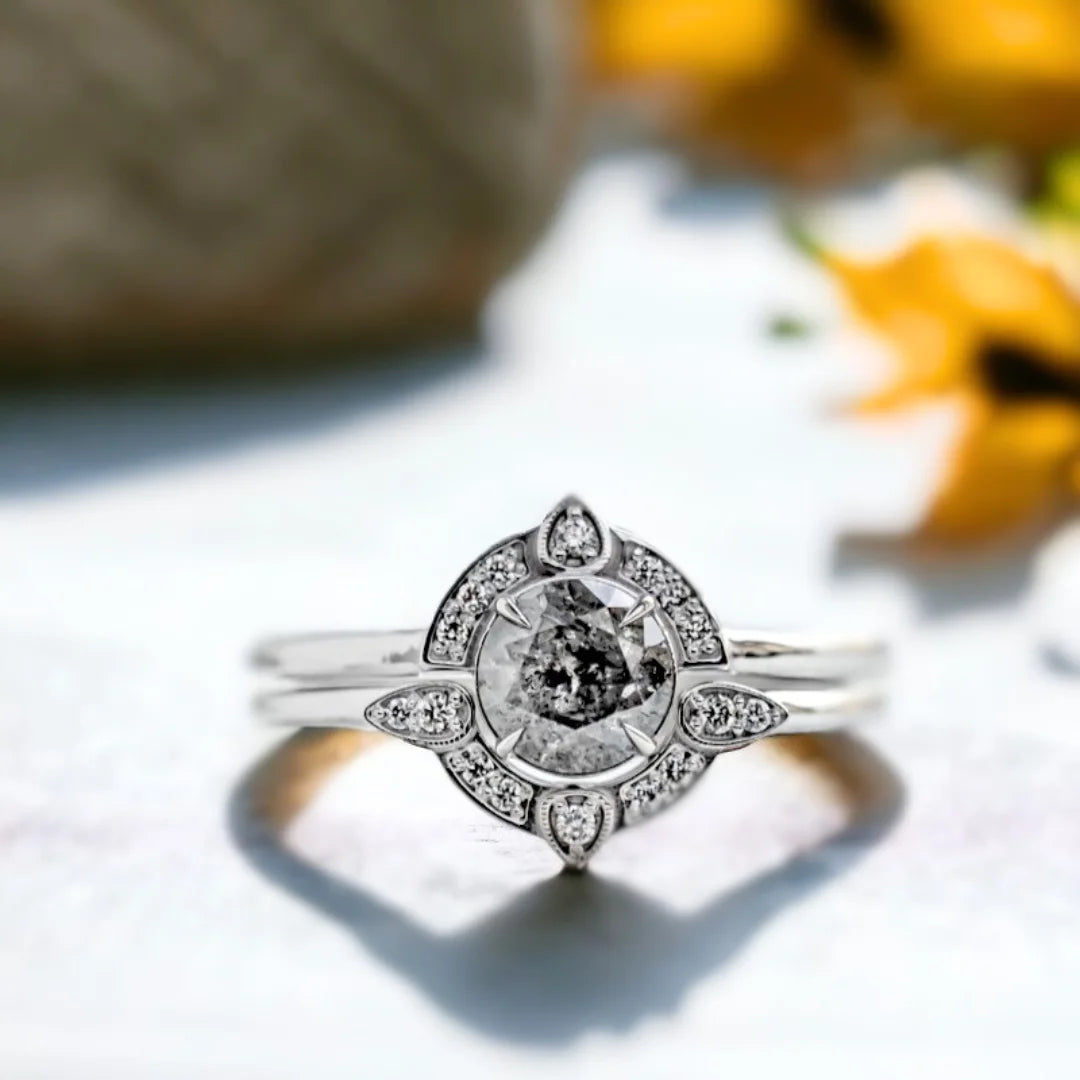 Brighton Salt and Pepper Diamond Engagement Ring Set featuring a brilliant round-cut 1.07 CT salt and pepper diamond centrepiece with grey-toned round side diamonds in a straight shank, minimalist engagement ring design with a slim 1.50 mm handcrafted band.